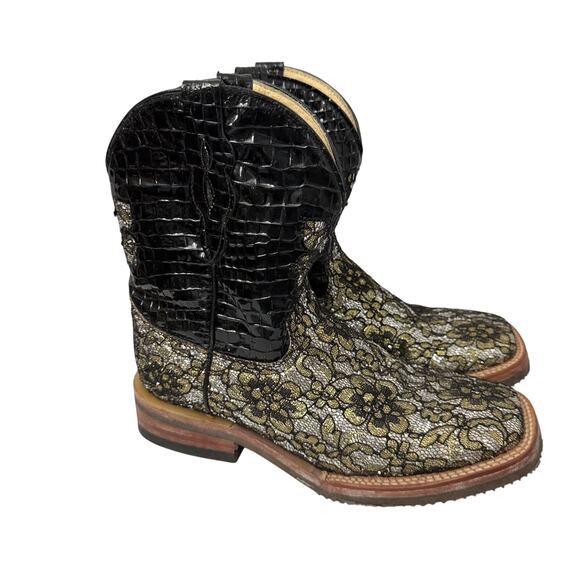 Ferrini Shoes - Ferrini Boots Womens Size 8.5 B Black Leather Floral Lace Cowboy Western